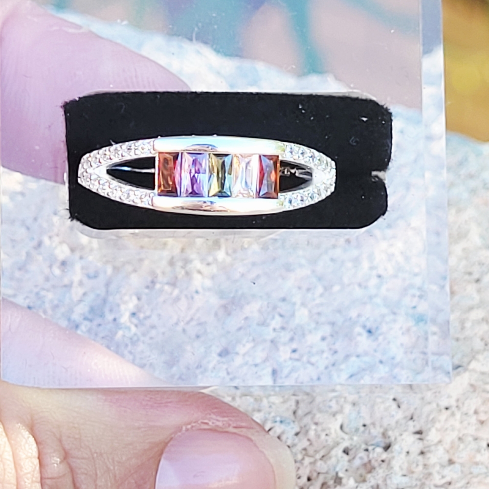 Elegant Silver Multicolor Gemstone Ring Size 9